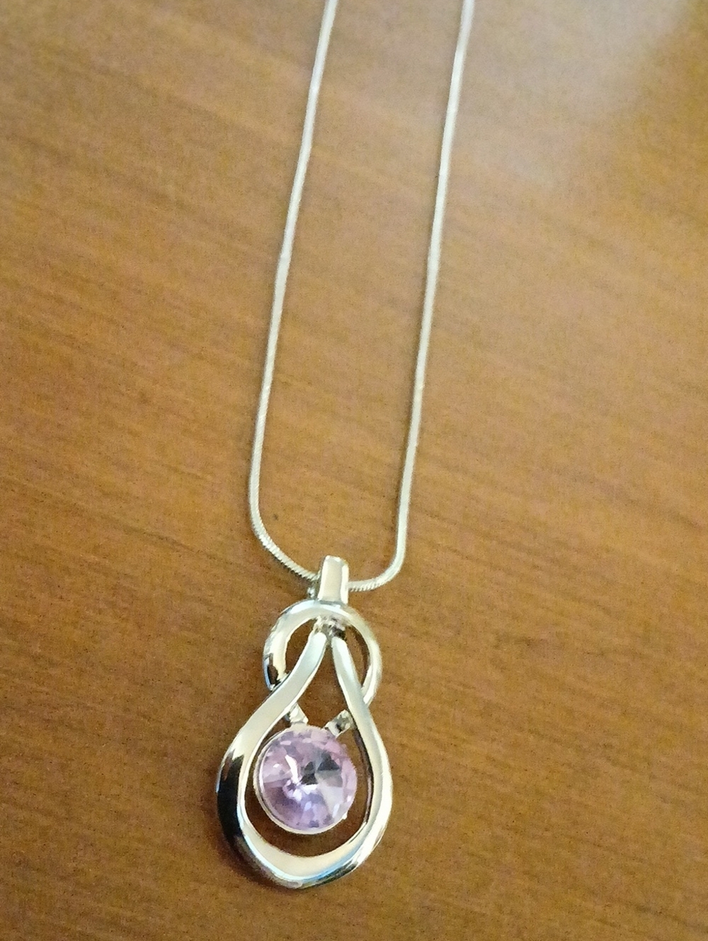 Silver Teardrop Pendant Necklace with Light Purple Gem